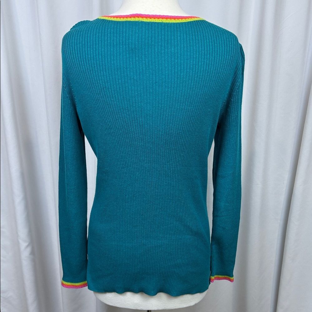 Belle by Kim Gravel Teal Sweater with Pink and Orange Accents, NWOT - Medium - Picture 3 of 10